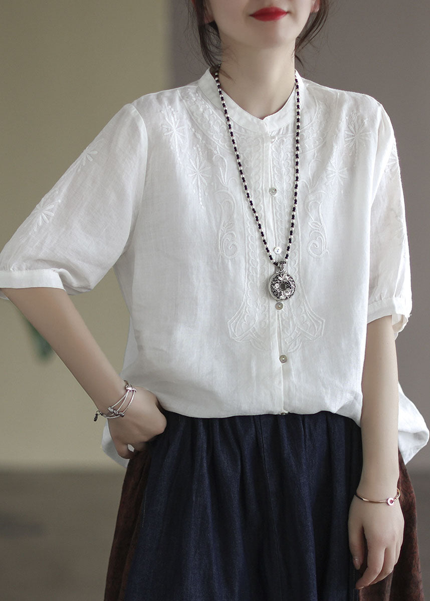 French White Button Embroideried Cotton Shirts Half Sleeve