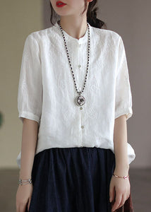 French White Button Embroideried Cotton Shirts Half Sleeve