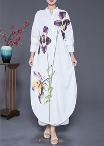 French White Print Side Open Chiffon Long Shirts Dress Fall