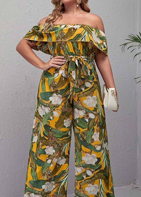 French Yellow Slash Neck Print straight Jumpsuit Short Sleeve