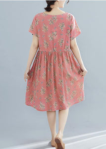 French o neck drawstring Chiffon dress pink print Dresses summer