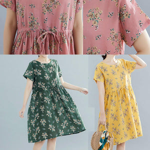 French o neck drawstring Chiffon dress pink print Dresses summer