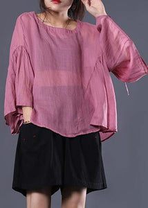 French pink linen tunic top ruffles sleeve daily summer tops