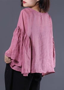 French pink linen tunic top ruffles sleeve daily summer tops