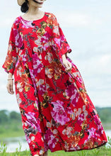 Load image into Gallery viewer, French red print linen cotton outfit Extra large hem Cinched loose summer Dress