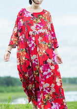 Load image into Gallery viewer, French red print linen cotton outfit Extra large hem Cinched loose summer Dress