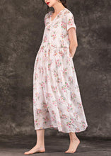 Load image into Gallery viewer, French v neck drawstring linen Robes Tunic Tops pink print Dress summer