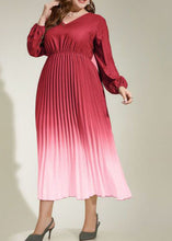 Load image into Gallery viewer, Gradient Color Watermelon Red Wrinkled Elastic Waist Silk Maxi Dresses Fall