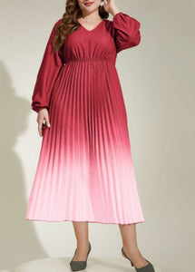 Gradient Color Watermelon Red Wrinkled Elastic Waist Silk Maxi Dresses Fall