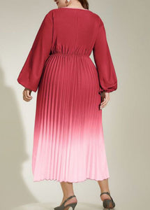 Gradient Color Watermelon Red Wrinkled Elastic Waist Silk Maxi Dresses Fall