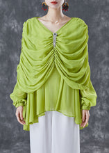 Load image into Gallery viewer, Grass Green Chiffon Blouses V Neck Wrinkled Summer