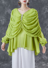 Load image into Gallery viewer, Grass Green Chiffon Blouses V Neck Wrinkled Summer