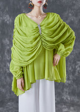 Load image into Gallery viewer, Grass Green Chiffon Blouses V Neck Wrinkled Summer