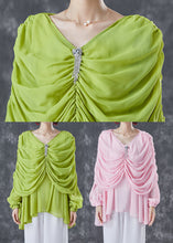 Load image into Gallery viewer, Grass Green Chiffon Blouses V Neck Wrinkled Summer