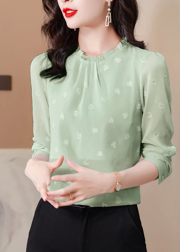 Green Chiffon Shirt Top O-Neck Ruffled Spring