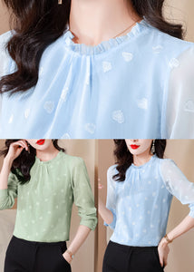 Green Chiffon Shirt Top O-Neck Ruffled Spring