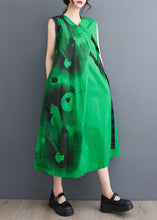 Load image into Gallery viewer, Green Patchwork Cotton Long Dress V Neck Lace Up Sleeveless