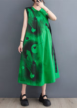 Load image into Gallery viewer, Green Patchwork Cotton Long Dress V Neck Lace Up Sleeveless