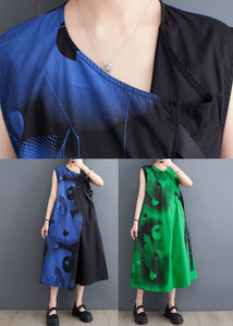 Green Patchwork Cotton Long Dress V Neck Lace Up Sleeveless