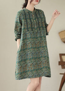 Green Patchwork Cotton Mid Shirts Dress Wrinkled Long Sleeve