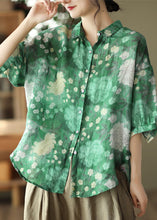 Load image into Gallery viewer, Green Patchwork Linen Shirt Top Button Print Half Sleeve