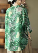 Load image into Gallery viewer, Green Patchwork Linen Shirt Top Button Print Half Sleeve