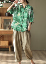 Load image into Gallery viewer, Green Patchwork Linen Shirt Top Button Print Half Sleeve