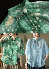 Load image into Gallery viewer, Green Patchwork Linen Shirt Top Button Print Half Sleeve