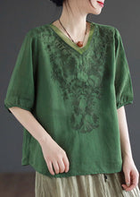 Load image into Gallery viewer, Green Patchwork Linen T Shirt Top V Neck Embroideried Summer