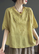 Load image into Gallery viewer, Green Patchwork Linen T Shirt Top V Neck Embroideried Summer