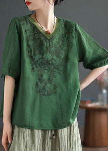 Green Patchwork Linen T Shirt Top V Neck Embroideried Summer