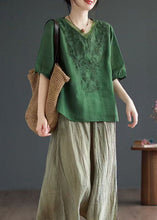 Load image into Gallery viewer, Green Patchwork Linen T Shirt Top V Neck Embroideried Summer