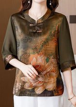 Load image into Gallery viewer, Green Patchwork Print Silk Shirt Oriental Button Summer