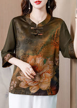 Load image into Gallery viewer, Green Patchwork Print Silk Shirt Oriental Button Summer