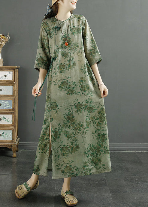 Green Pink Patchwork Linen Long Dress Tasseled Button Summer