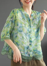 Load image into Gallery viewer, Green Print Patchwork Linen Shirt Top V Neck Button Half Sleeve