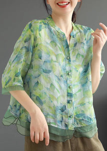 Green Print Patchwork Linen Shirt Top V Neck Button Half Sleeve