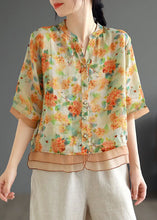 Load image into Gallery viewer, Green Print Patchwork Linen Shirt Top V Neck Button Half Sleeve