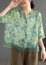 Load image into Gallery viewer, Green Print Patchwork Linen Shirt Top V Neck Button Half Sleeve