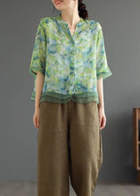 Load image into Gallery viewer, Green Print Patchwork Linen Shirt Top V Neck Button Half Sleeve