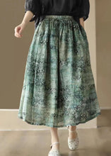 Load image into Gallery viewer, Green Print Pockets Patchwork Linen Skirts Wrinkled Summer