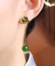 Load image into Gallery viewer, Green Sterling Silver Jade Cloisonne Lotus Tassel Drop Earrings