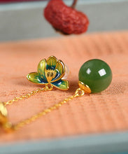 Load image into Gallery viewer, Green Sterling Silver Jade Cloisonne Lotus Tassel Drop Earrings