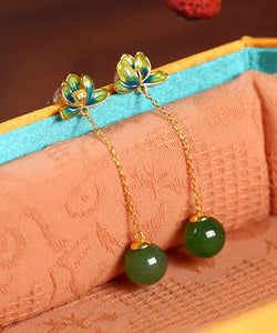 Green Sterling Silver Jade Cloisonne Lotus Tassel Drop Earrings