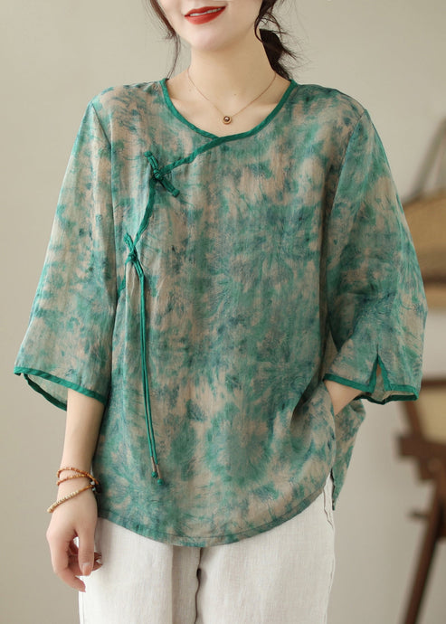 Green Tie Dye Linen Shirt Chinese Button Bracelet Sleeve