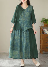 Load image into Gallery viewer, Green V Neck Patchwork Button Linen Two Pieces Set Half Sleeve