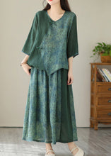 Load image into Gallery viewer, Green V Neck Patchwork Button Linen Two Pieces Set Half Sleeve