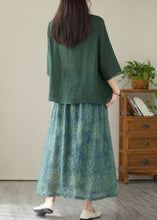 Load image into Gallery viewer, Green V Neck Patchwork Button Linen Two Pieces Set Half Sleeve