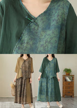 Load image into Gallery viewer, Green V Neck Patchwork Button Linen Two Pieces Set Half Sleeve