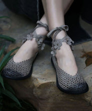 Load image into Gallery viewer, Grey Flat Shoes Calf Fitted Splicing Floral Hollow Out Cross Strap